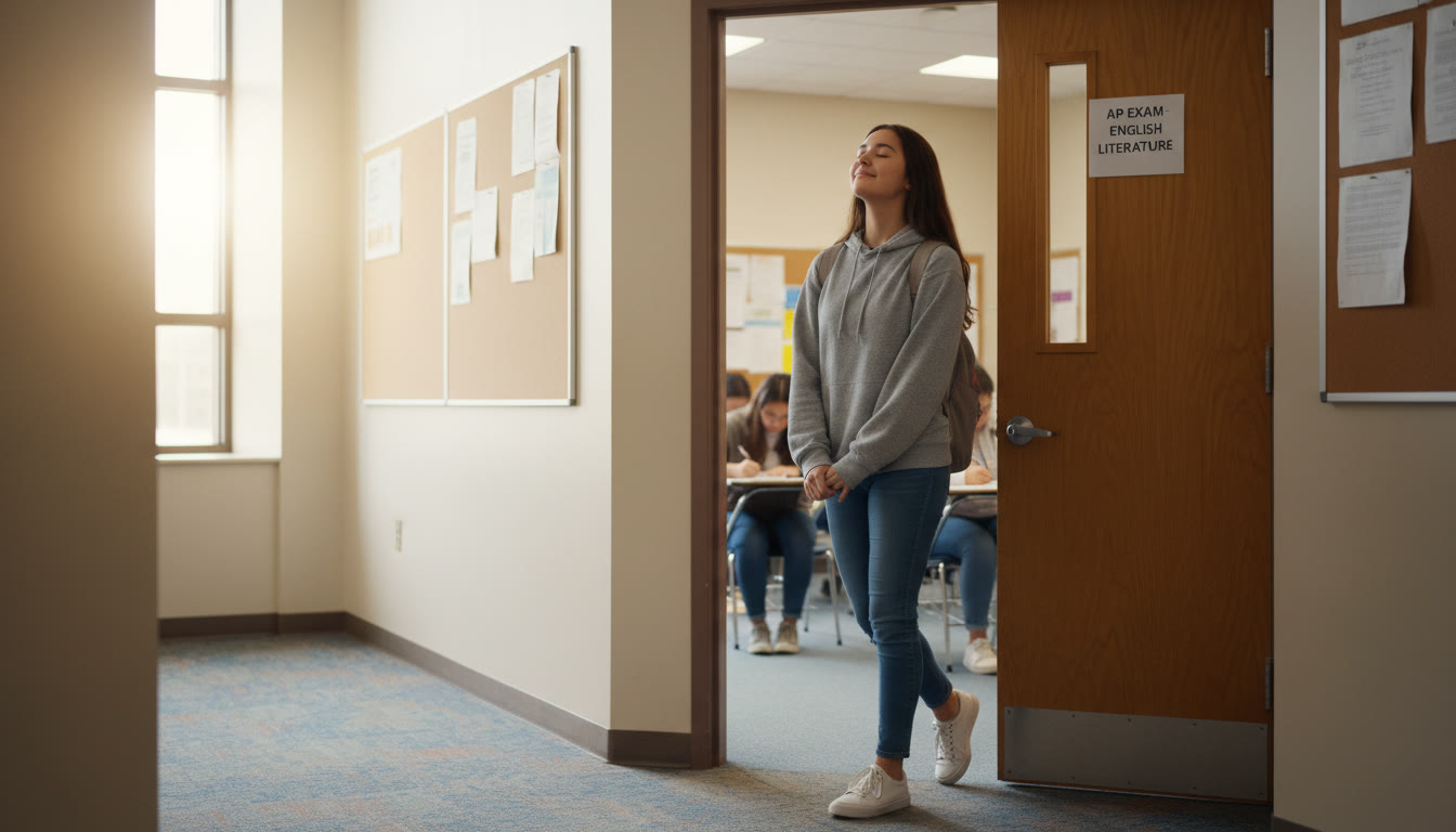 Photo Idea : A student stepping out of a testing room doorway into a quiet hallway, eyes closed, taking deep breaths—captures the calm transition during an exam break.