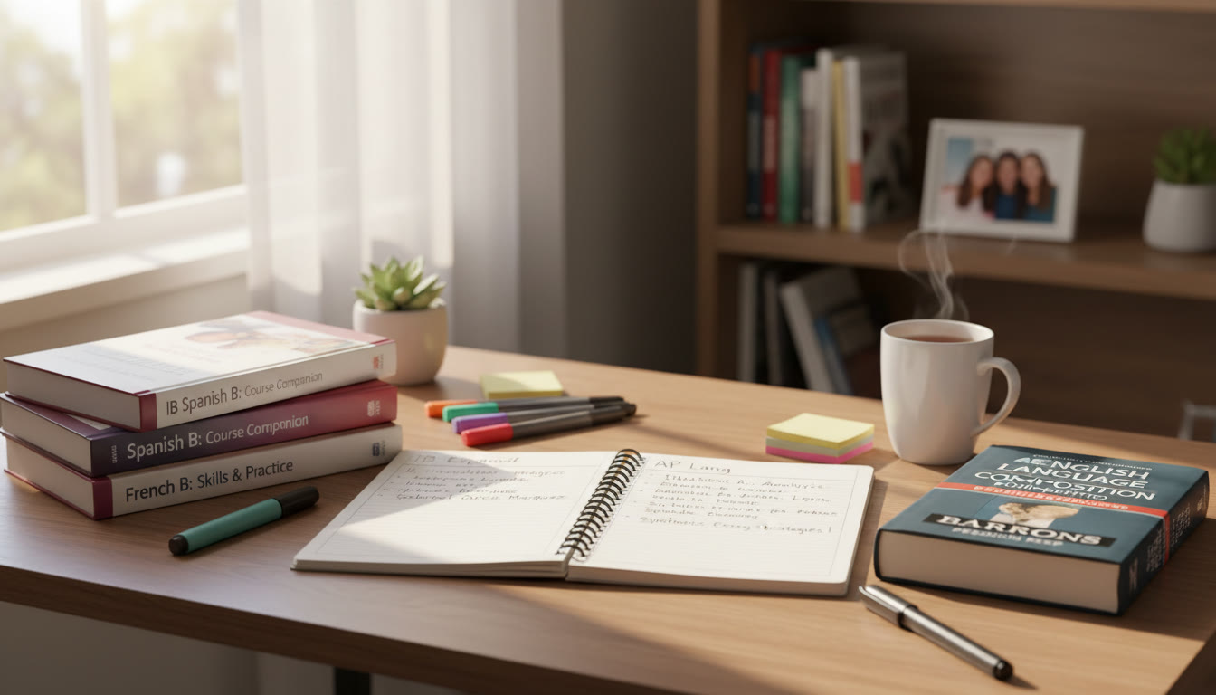 Photo Idea : A study desk with IB Spanish/French textbooks on one side, an AP Language prep book on the other, and a notebook in the middle showing side-by-side notes. Natural warm light to convey calm productivity.