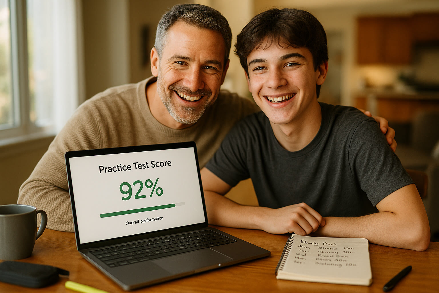 Photo Idea : A celebratory moment post-test — parent and student smiling with a laptop showing a practice score and a notebook showing a study plan.