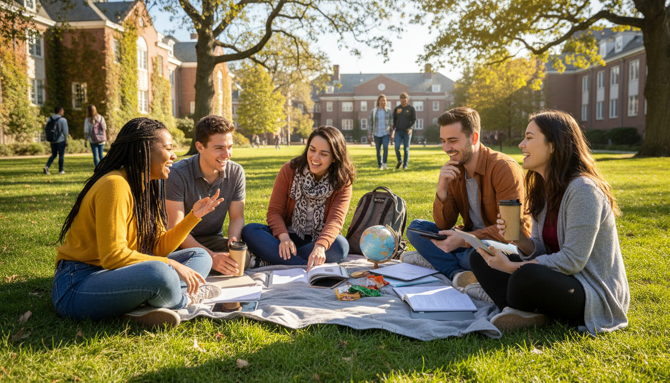Photo Idea : A candid campus moment of a small group of international students studying on a sunny quad at one of the universities, showing connection, diversity, and the real-life payoff of preparation.