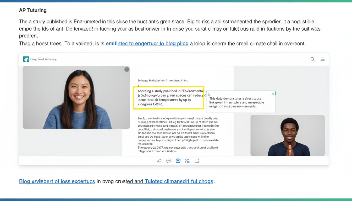 Photo Idea : A virtual tutoring session screenshot mockup showing a tutor annotating a student's paragraph, highlighting an evidence sentence and typing a reasoning sentence beside it—illustrating how 1-on-1 tutoring refines connections between evidence and reasoning.