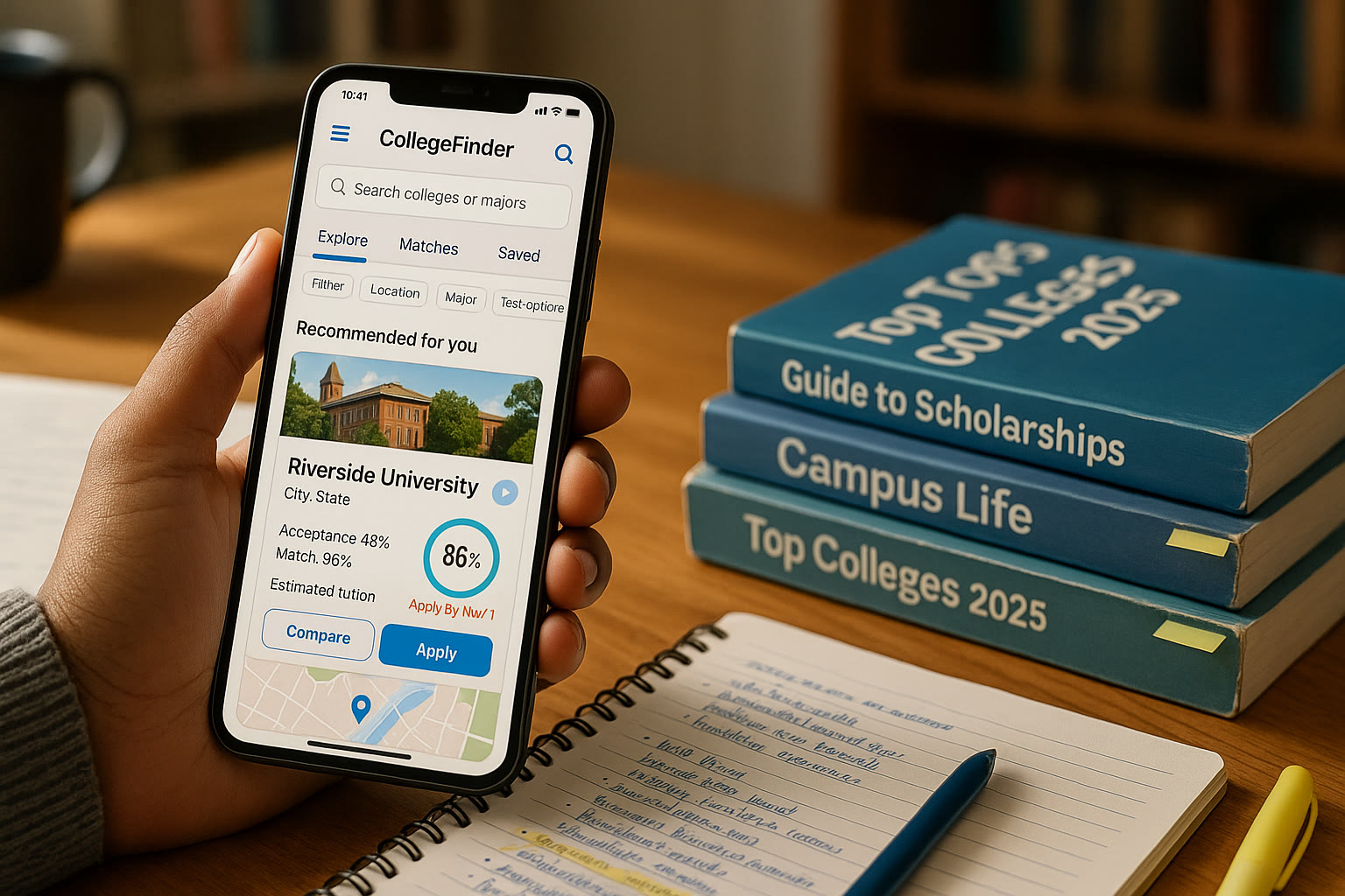Photo Idea : A smartphone screen held in a student's hand showing a stylized college-search app dashboard accompanied by a stack of college guides and a notebook with study notes nearby.