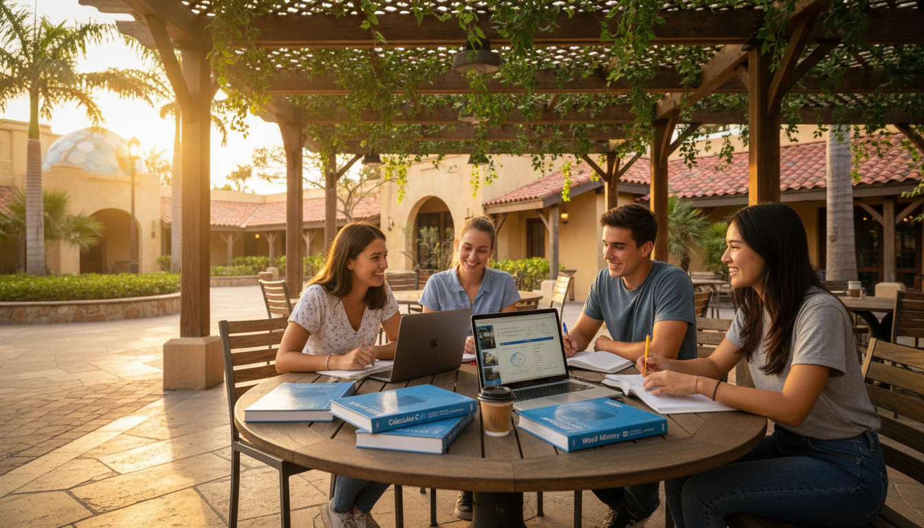 Photo Idea : Students studying together under a shaded veranda at an international school campus, laptops and AP textbooks open — conveys collaboration and global schooling.