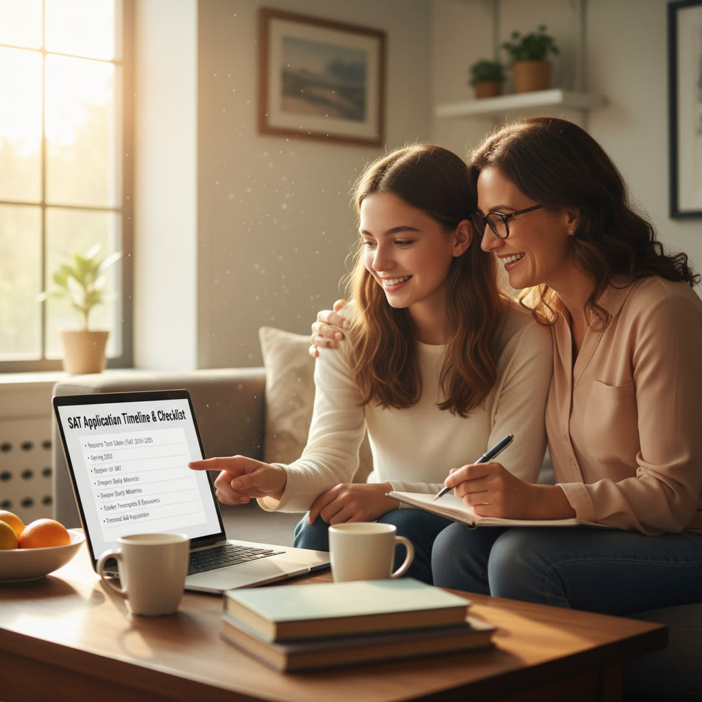 Photo Idea : A student and parent looking at an application checklist on a laptop, planning test dates and documents — a warm, collaborative planning moment to place near the checklist section.