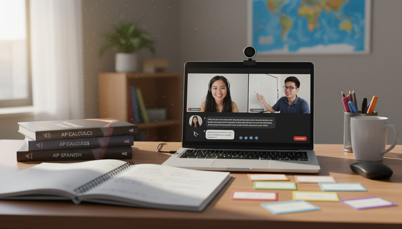 Photo Idea : A close-up of a student’s desk with open notes, flashcards, and a laptop showing a video chat—illustrating a tutoring session or language exchange. The description should emphasize focus and modern study habits.