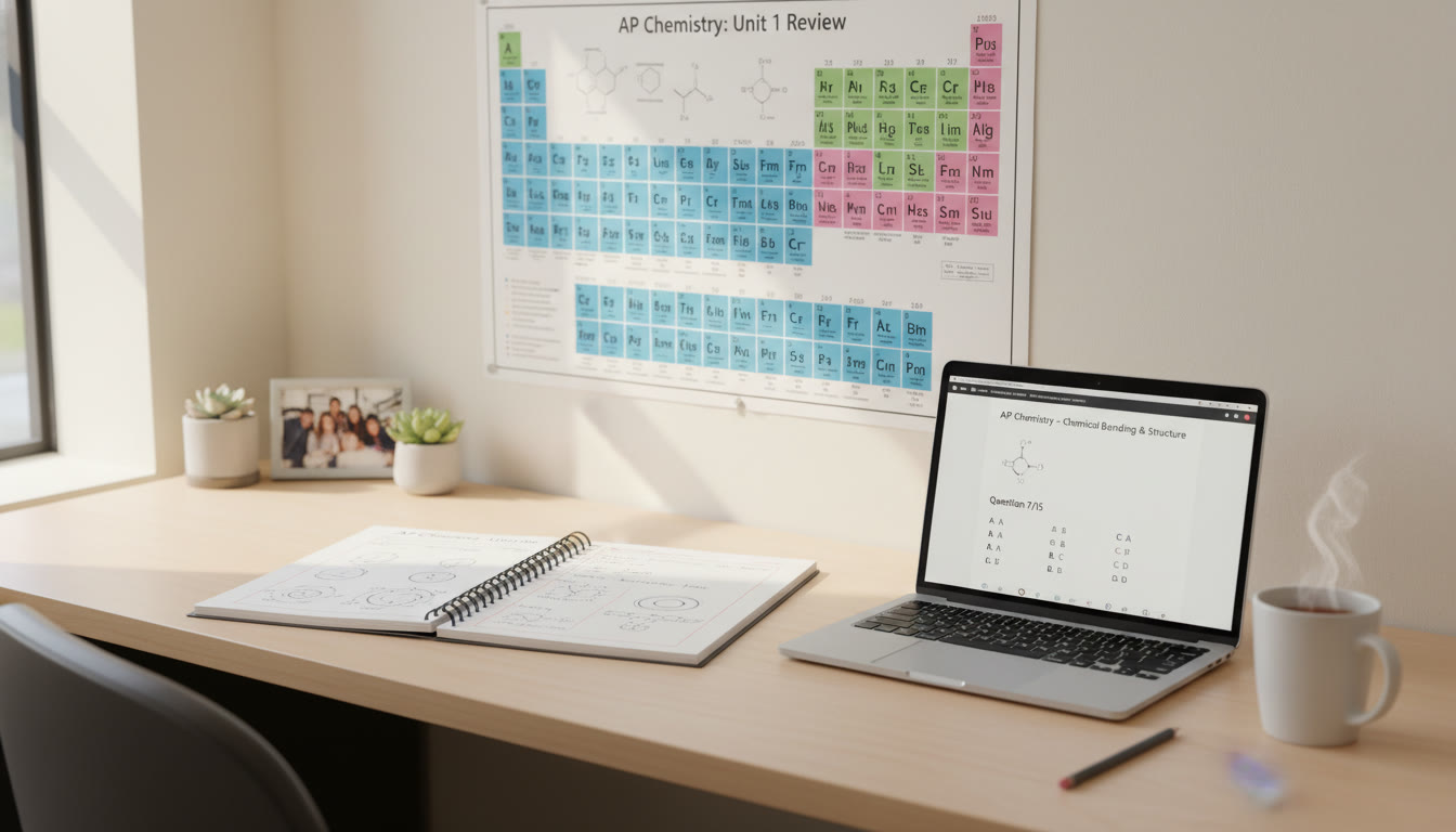 Photo Idea : A clean, inviting study desk with a periodic table poster, open notebook showing electron configurations, and a laptop displaying practice problems—conveys focused, modern AP prep.