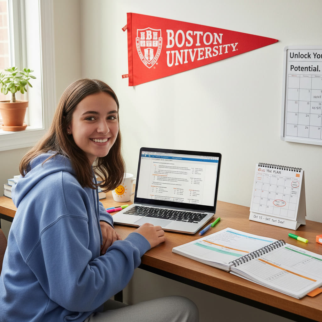 Photo Idea : A focused student sitting at a desk with a laptop showing SAT practice questions, a notebook with a color-coded study plan, and a Boston University pennant on the wall.