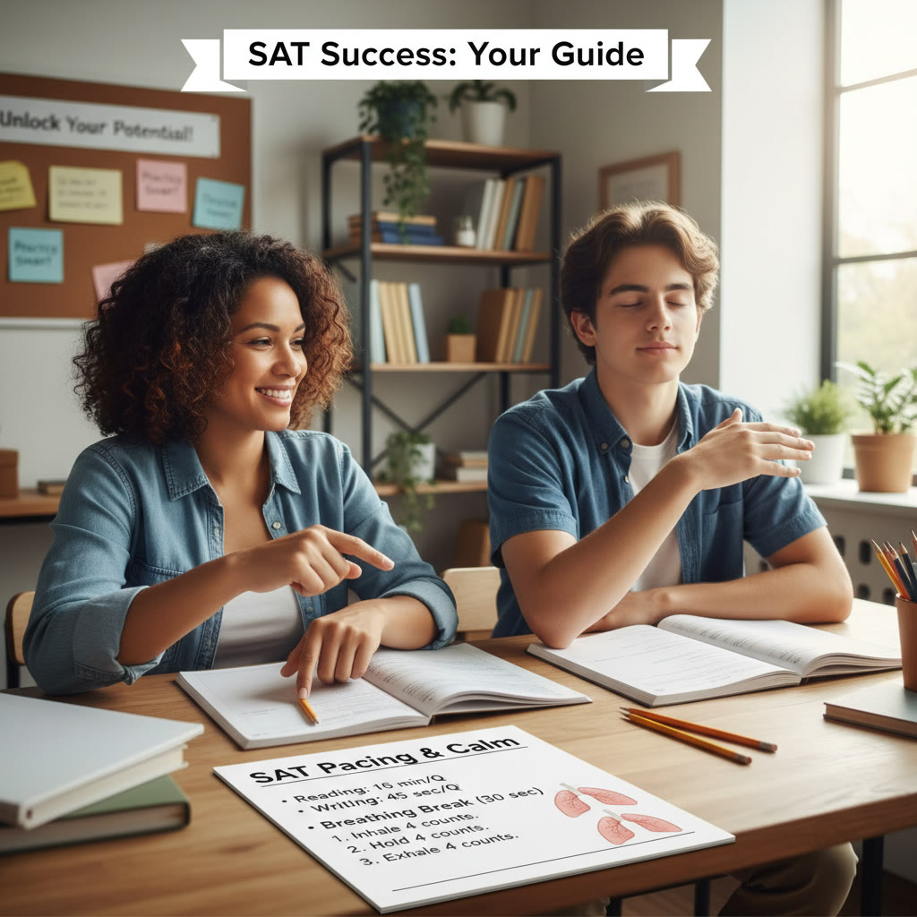 Suggestion: A study session showing a tutor and student reviewing a test section together, with notes on pacing and a short breathing exercise in progress.