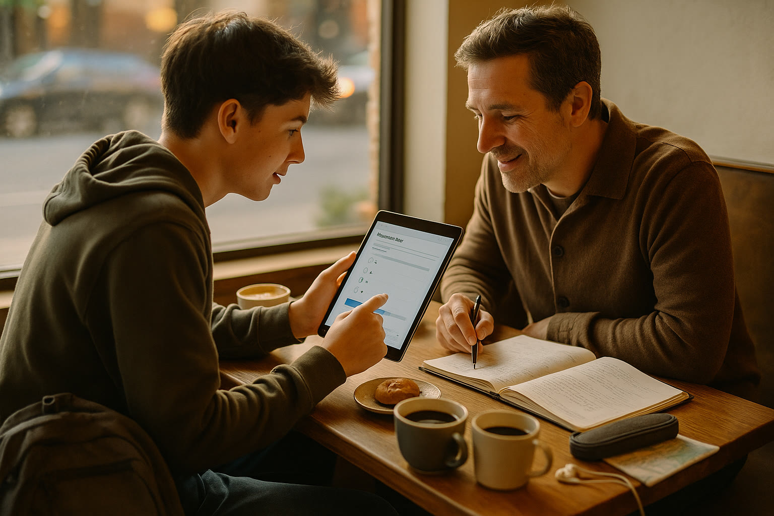 Photo Idea : A student and a parent sitting at a café, the student using a tablet for SAT practice while the parent points at a notebook — candid, warm scene showing collaboration and travel-friendly study.