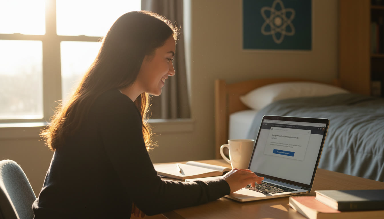 Photo Idea : A close-up of a student at a desk opening an email on a laptop with a soft morning light, capturing a moment of quiet reflection.