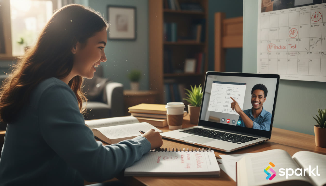 Photo Idea : A focused student working with a tutor over video call with problem sets visible, a notebook with an error log, and a calendar marking practice test dates. Place this near the discussion of personalized tutoring and Sparkl to show the practical fit of 1-on-1 guidance.