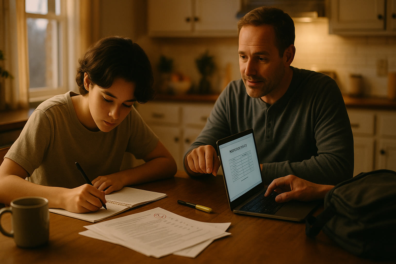 Photo Idea : A focused high-school student studying at a kitchen table with a parent nearby reviewing practice test results on a laptop; warm evening light, papers and a coffee mug, showing collaborative support.