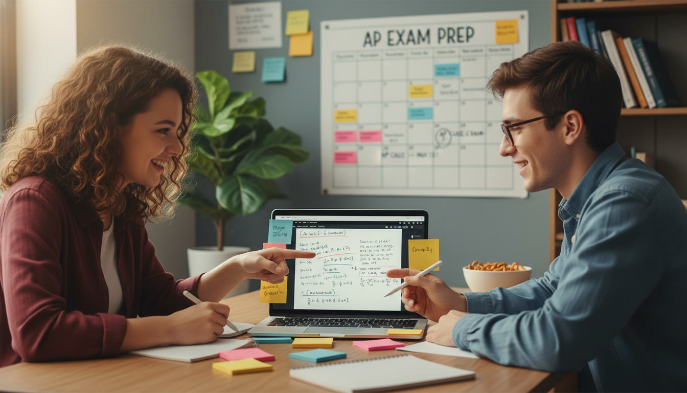 Photo Idea : Two students reviewing a tutor’s notes together on a laptop, with sticky notes and an organized calendar—emphasizes collaboration and follow-up planning.