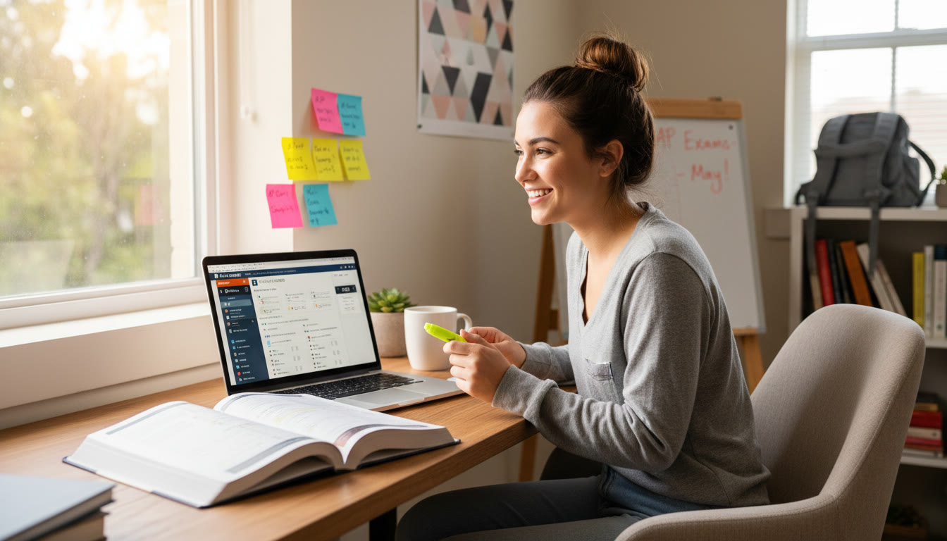 Photo Idea : A bright, inviting study nook with an open AP textbook, a laptop showing practice questions, and sticky notes—captures the energy of a student actively choosing their study path.