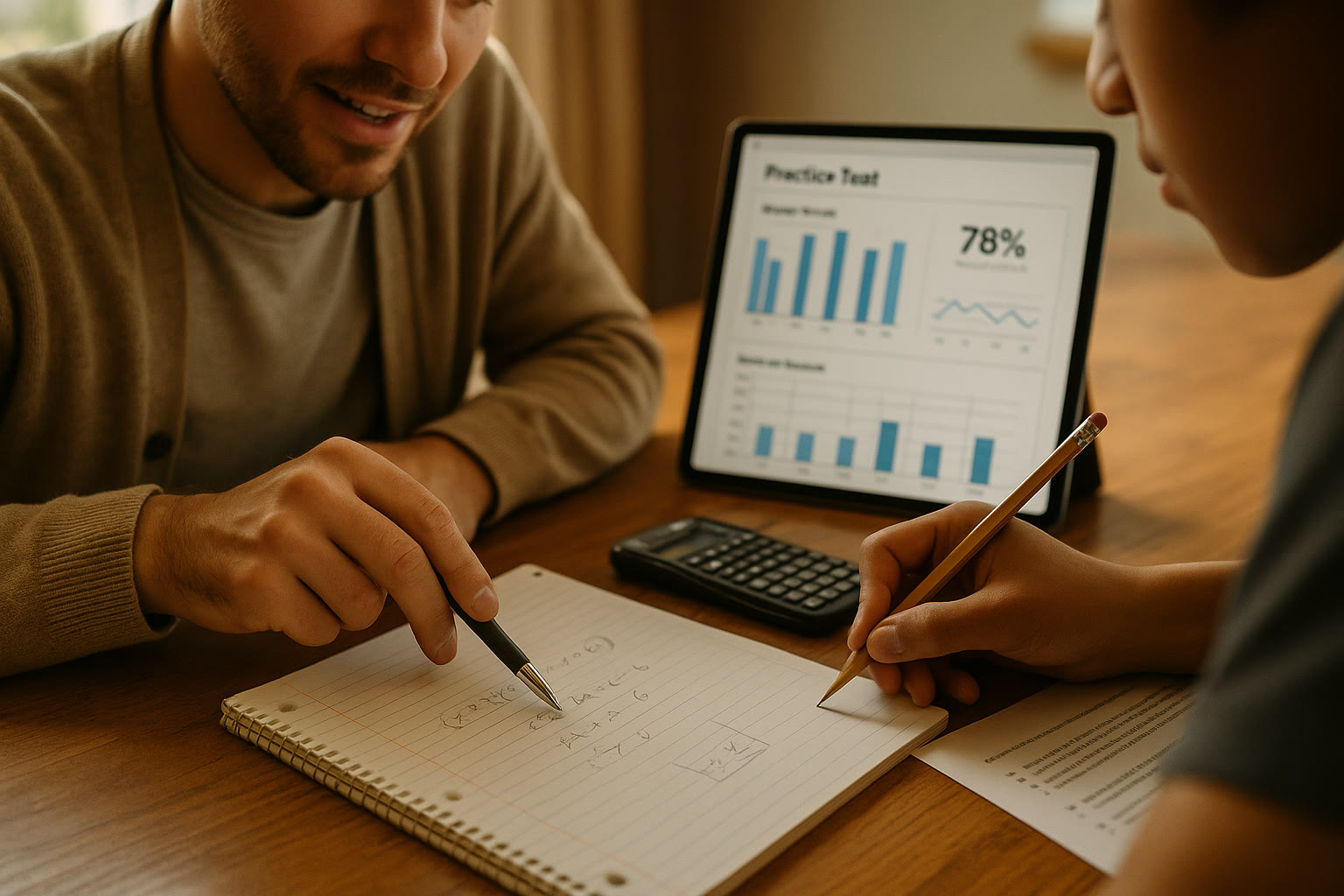 Photo Idea : A close-up image of a study session: a tutor explaining a math problem while the student takes notes, with a tablet showing practice test analytics in the background.