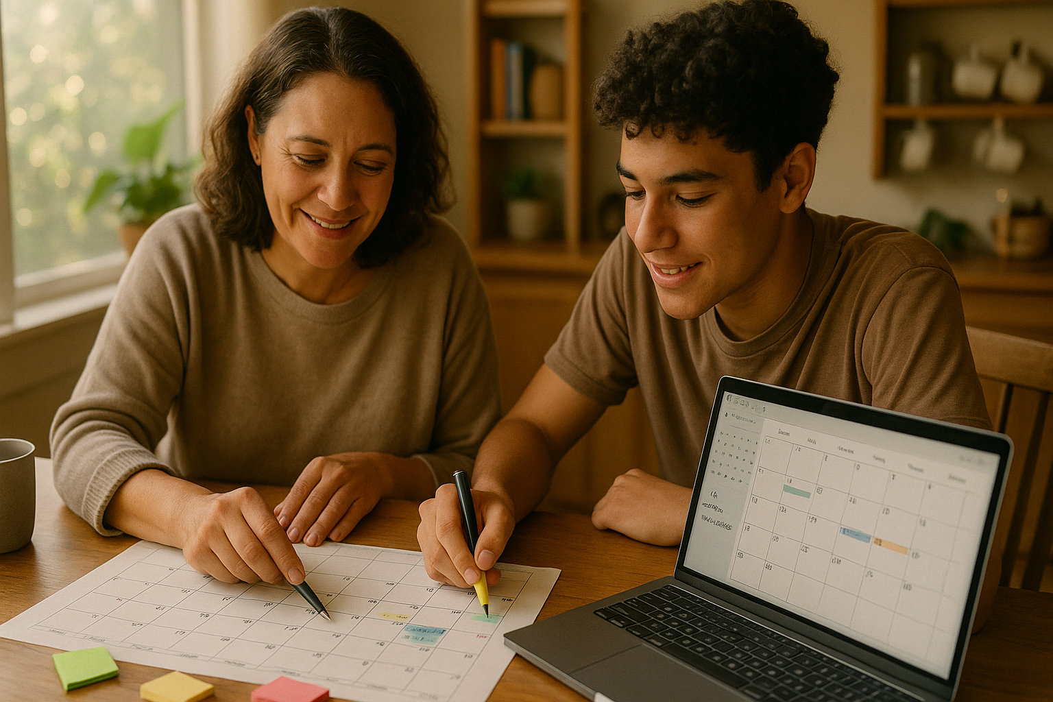 Photo Idea : Parent and teen looking over a calendar together, marking test dates and college deadlines — warm interaction, coffee on the table, laptop showing a calendar app.