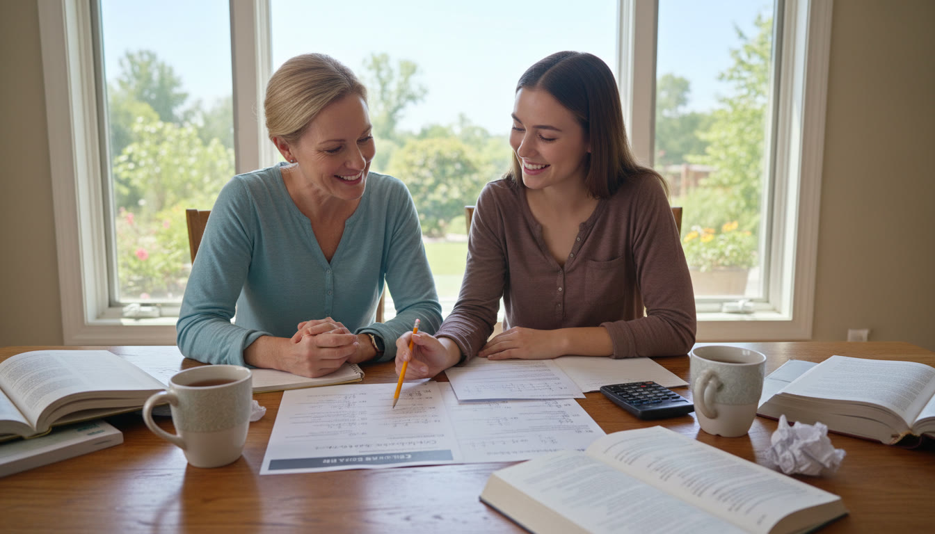 Photo Idea : A calming scene of a student and a tutor (or parent) reviewing a practice test together at a kitchen table—showing mentorship and focused, supportive study.
