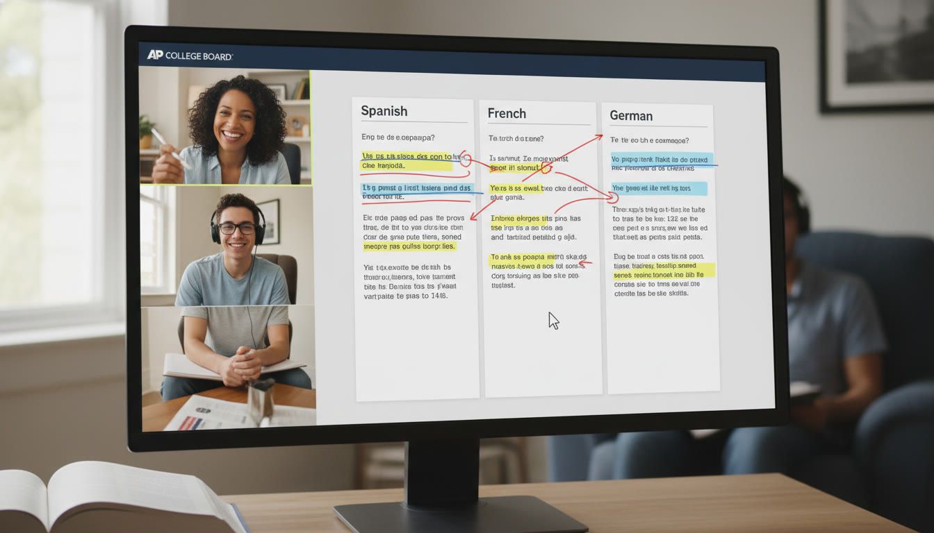 Photo Idea : A tutor and student on a video call with a shared screen showing highlighted student writing in three columns labeled Spanish / French / German — illustrates tailored, one‑on‑one feedback.