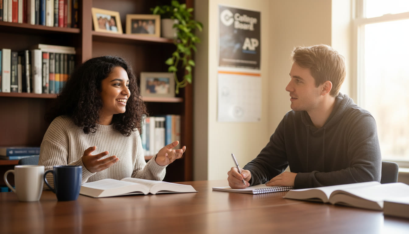 Photo Idea : Two students conducting a mock interview — one speaking, the other taking notes — in a cozy study room to convey supportive, realistic practice.
