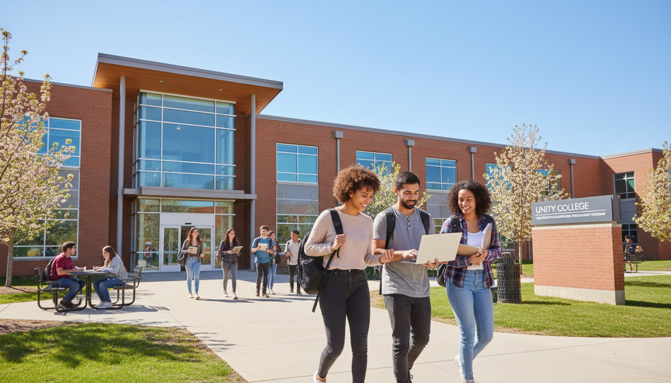 Photo Idea : A purposeful campus shot of a community college building with students walking, laptops in hand   ideal for illustrating dual enrollment and community college atmosphere halfway through the article.
