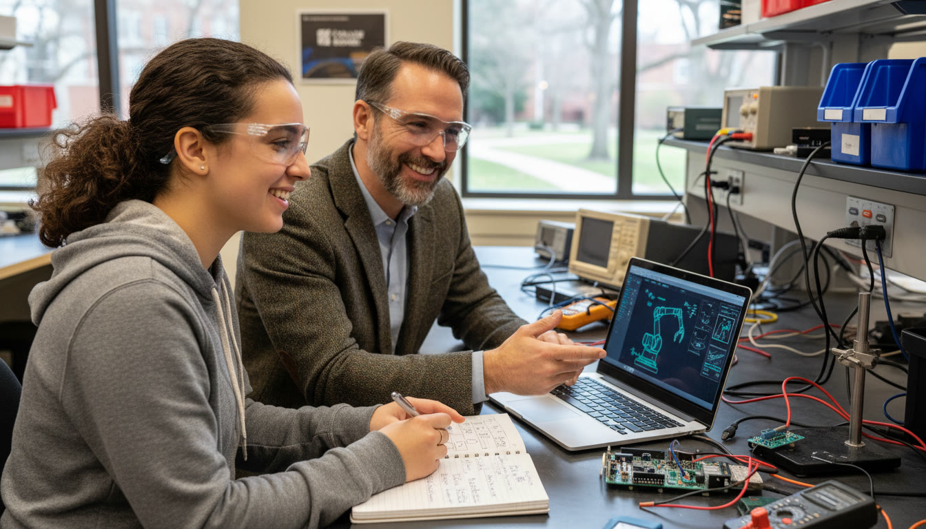 Photo Idea : A college freshman in an engineering lab reviewing notes with a faculty mentor; visible lab equipment, a laptop showing a schematic, and relaxed collaborative energy.