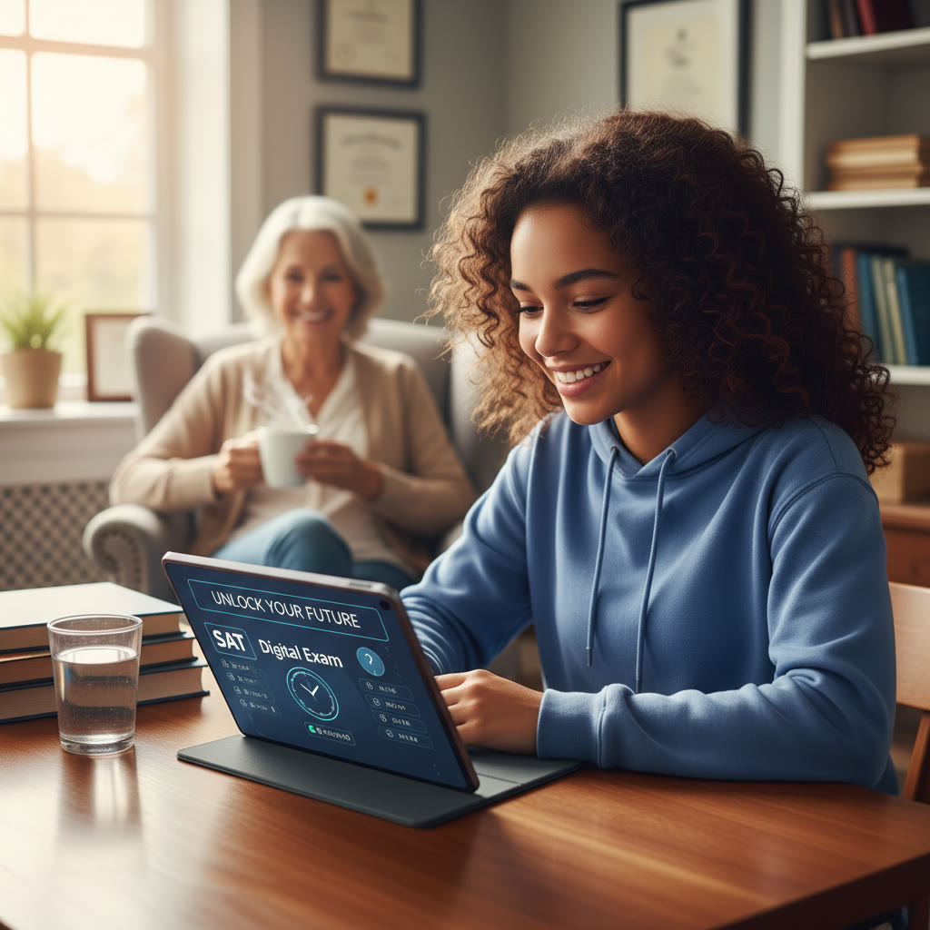 Photo Idea : A focused high-school student taking the Digital SAT on a tablet in a quiet study room, with a parent watching supportively in the background.