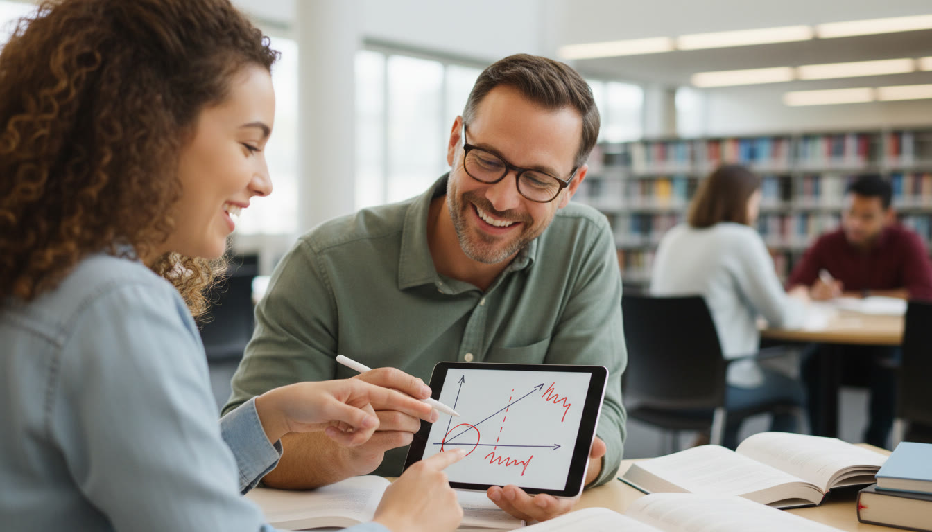 Photo Idea : A student and tutor (over-the-shoulder view) reviewing hand-drawn supply and demand curves on a tablet, with corrections marked in red — conveying collaborative, personalized coaching.