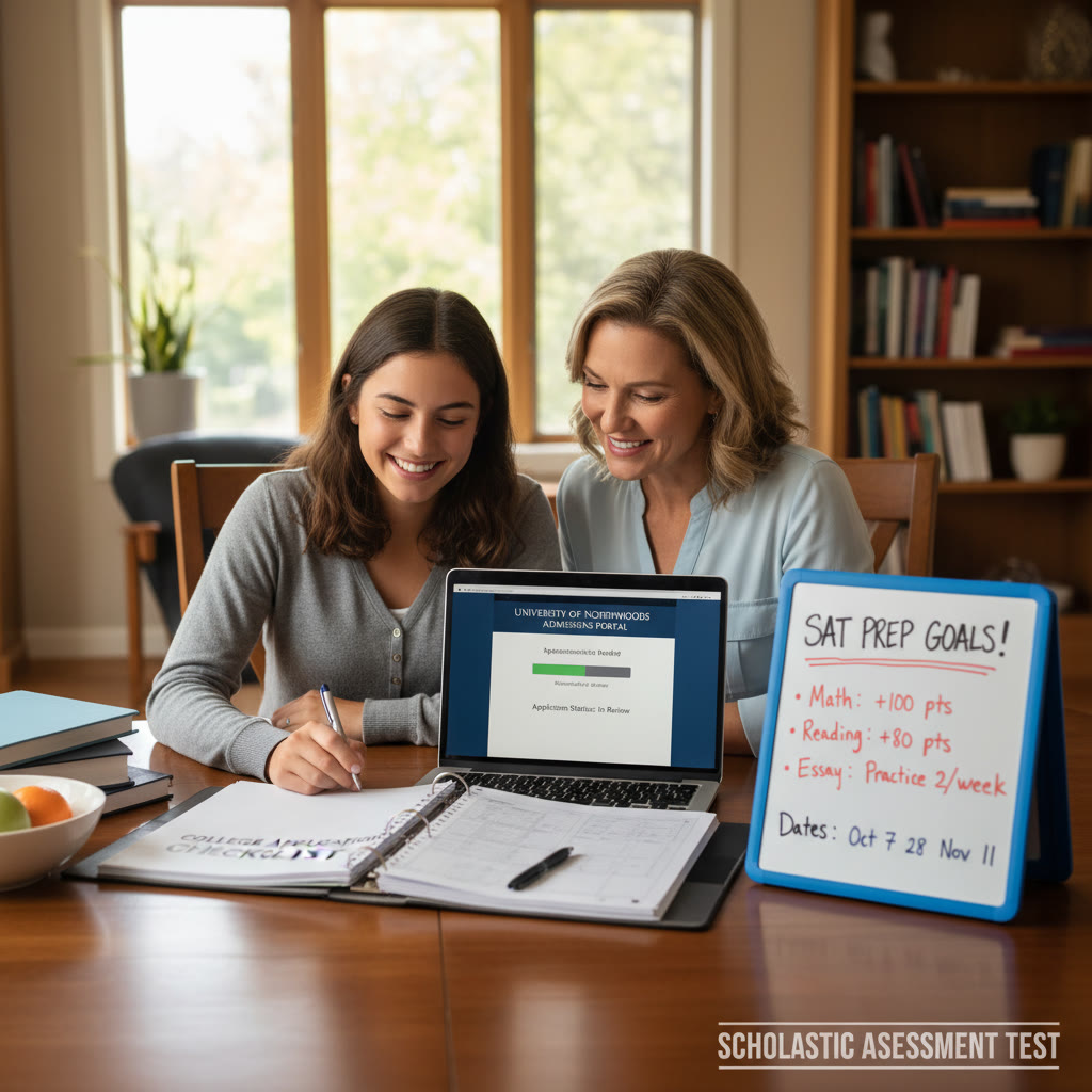 Photo Idea : A student and parent reviewing a college application checklist at a dining table, laptop open to a college admissions portal and a small whiteboard showing SAT practice goals and dates.