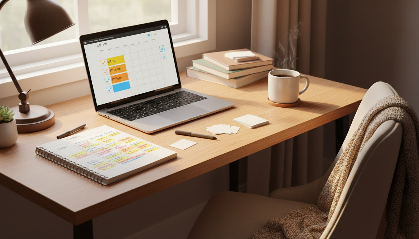 Photo Idea : A cozy study desk with a laptop open to a calendar app, a notebook with highlighted study blocks, and a mug of coffee—vivid, warm lighting to suggest calm productivity.
