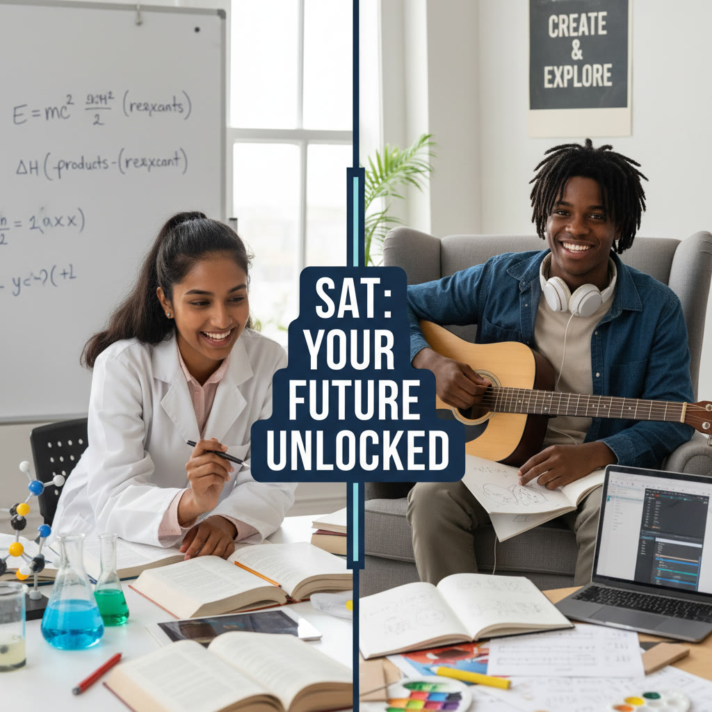 Photo Idea : A split-frame image showing a student in a lab coat studying formulas on one side (STEM) and a student surrounded by sketchbooks and a laptop composing music or drawing on the other side (Arts). Natural, candid lighting, diverse students.