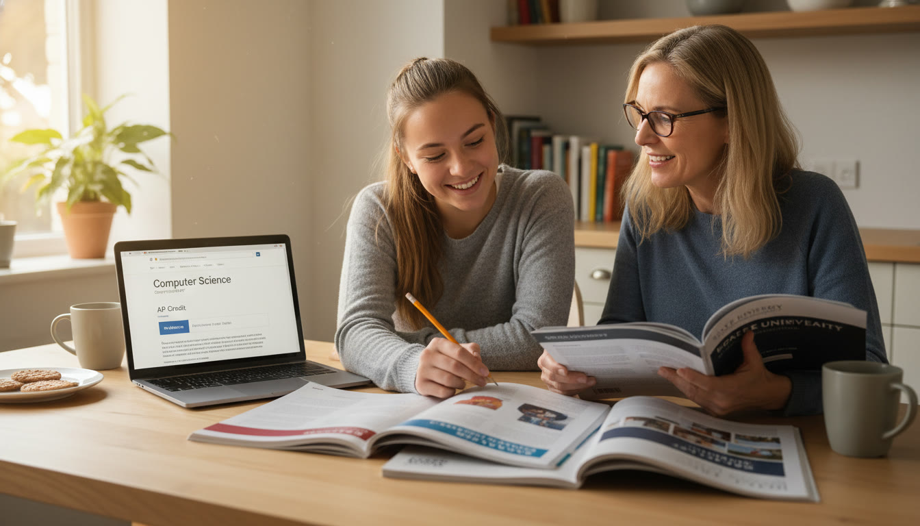 Photo Idea : A bright, candid photo of a high school student and parent reviewing college course catalogs at the kitchen table, with a laptop open to a university department page — warm, collaborative, aspirational.