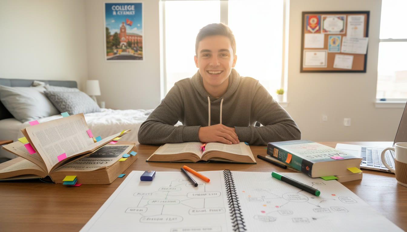 Photo Idea : A high-school student at a desk, two open books (one literary, one non-fiction) with notes and color-coded tabs, showing the intersection of IB and AP study strategies.