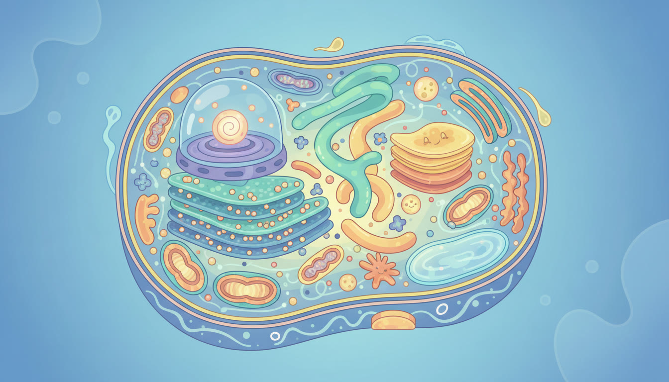 Photo Idea : A bright, modern illustration of a eukaryotic cell cross-section with labeled organelles; used to introduce cell structure visually and invite curiosity.