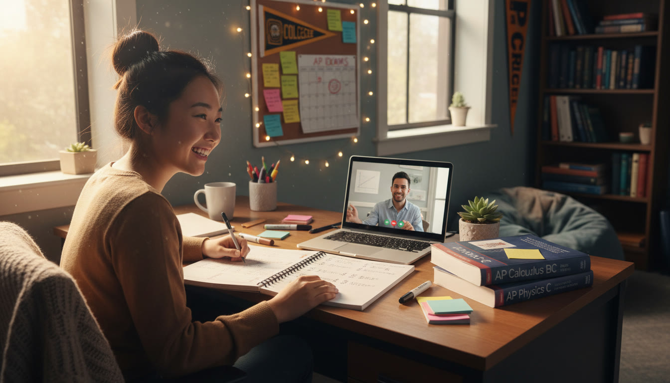 Photo Idea : A bright study nook with a student working on AP practice problems, textbooks open, a laptop with a video call to a tutor—conveys focused, guided study and the human side of preparation.
