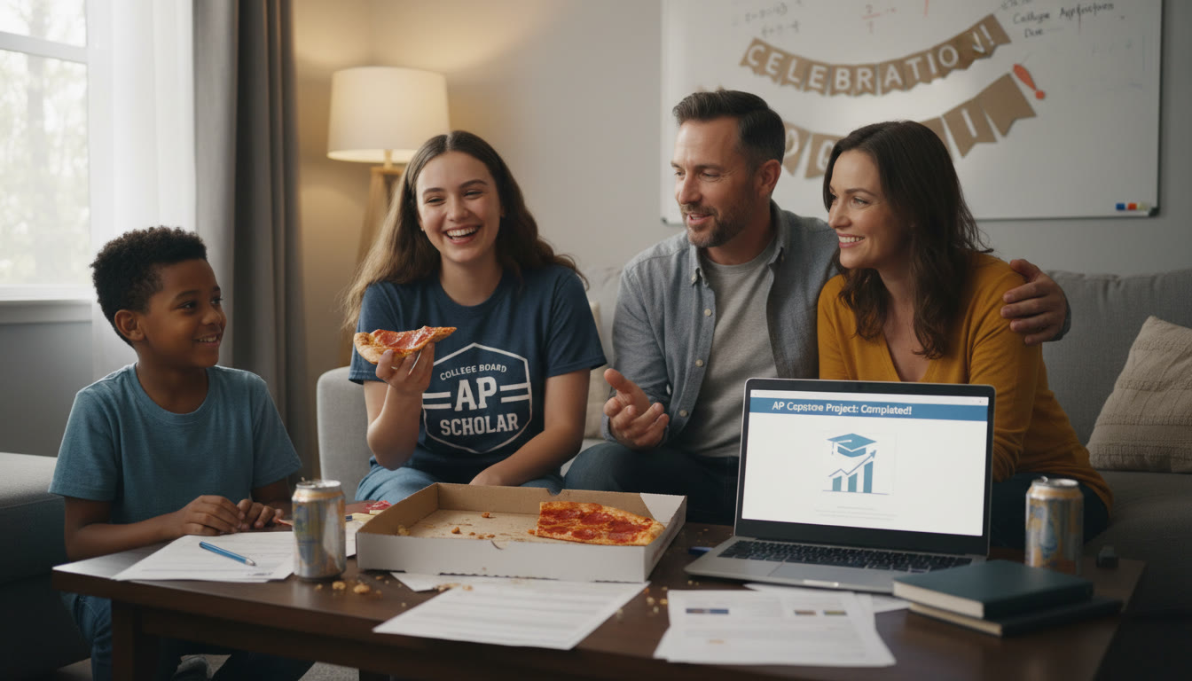 Photo Idea : A relaxed image of a family celebrating after a school presentation—slices of pizza, smiles, and a laptop showing the final slide in the background.