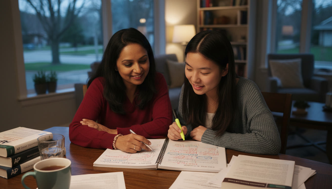 Photo Idea : A parent and teen reviewing an annotated essay together at a kitchen table — natural, candid, showing collaboration and a calm evening study moment.