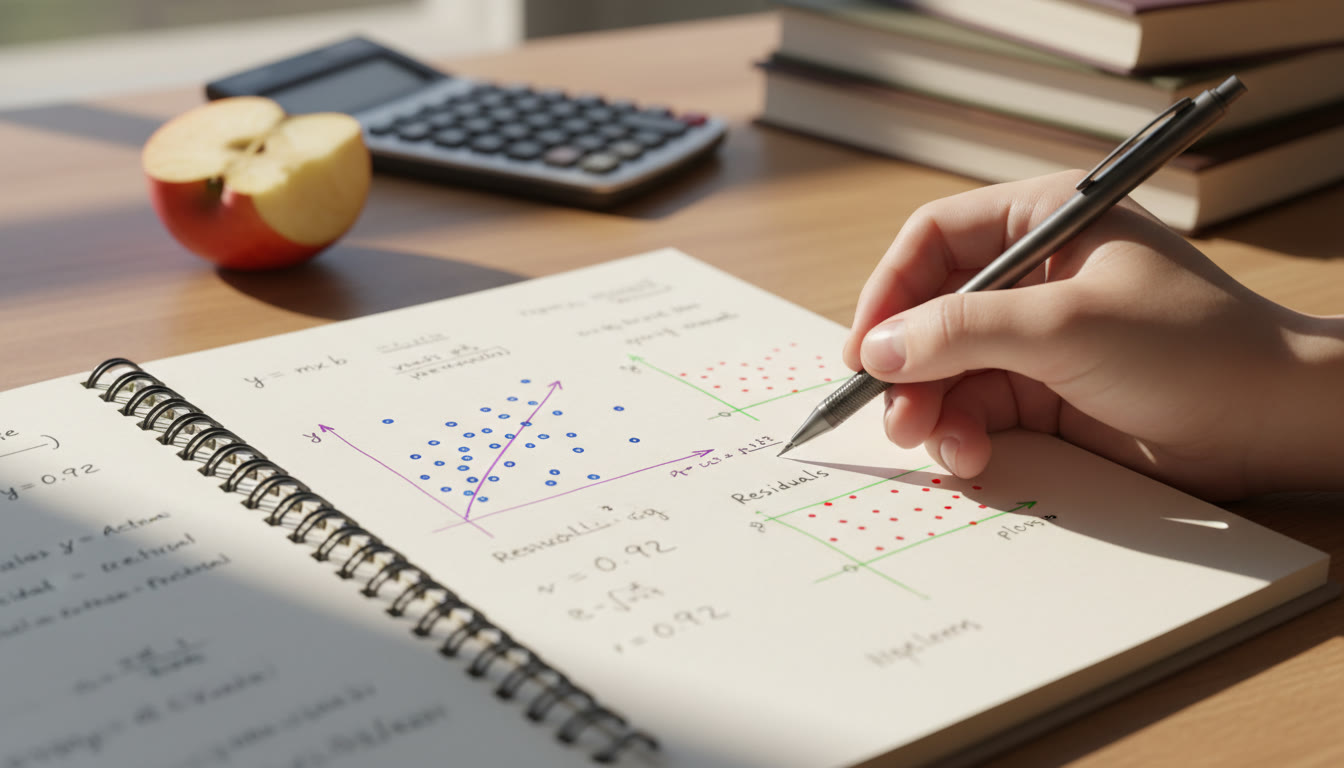 Photo Idea : A close-up of a student’s notebook showing a hand-drawn scatterplot, a regression line, and a residual plot beside it—useful to visually connect the math to the page of a student studying.