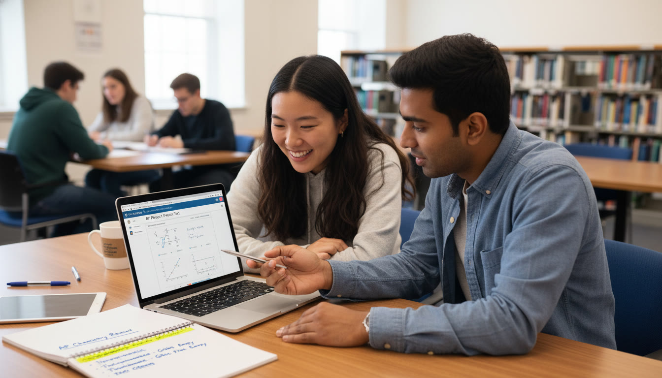 Photo Idea : A student and tutor working together at a table, laptop open with notes, a journal beside them with visible bullet points and a highlighted entry. The image should convey collaboration, focus, and the supportive role of personalized tutoring.