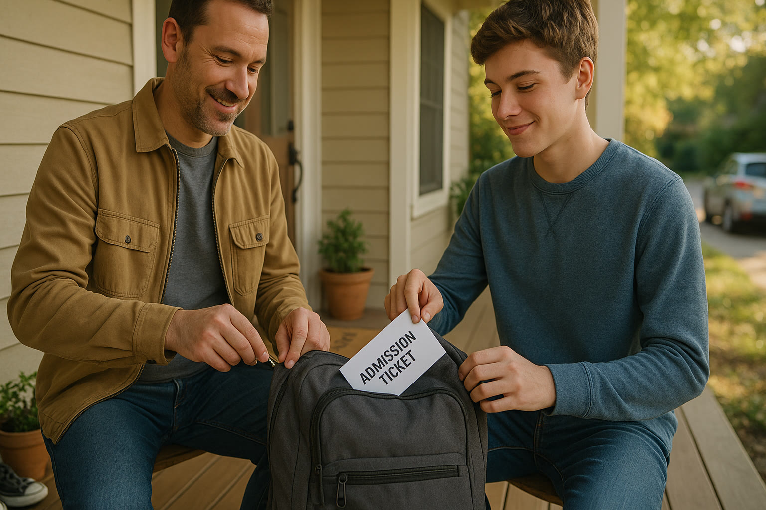 Photo Idea : A parent closing a backpack zipper while the teen puts a printed admission ticket into the bag — front porch, calm departure.