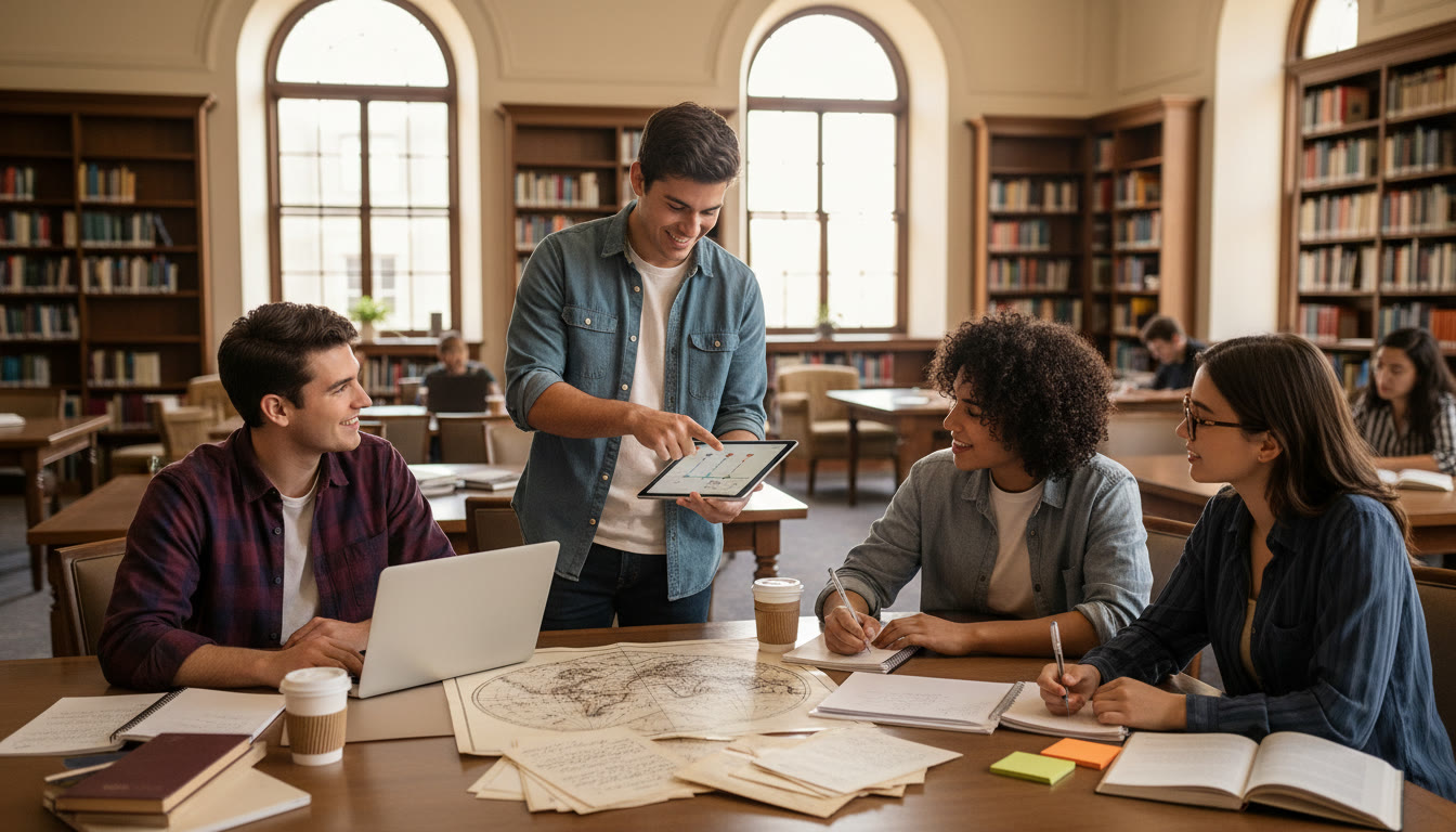 Photo Idea : A group of students in a bright library discussing a map and primary documents; one student is presenting a timeline on a tablet while others take notes—captures collaboration and active learning.