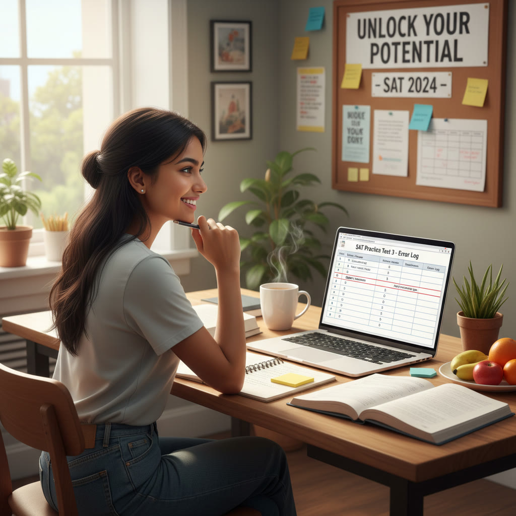 Bright student at a desk with notes and a laptop, looking thoughtfully at an error log
