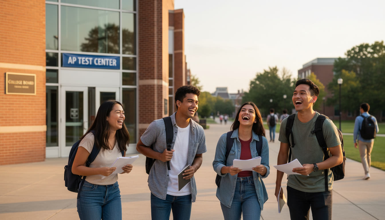 Photo Idea : A small group of students exiting a test center building with backpacks, laughing — captures relief and teamwork after a successful exam day.