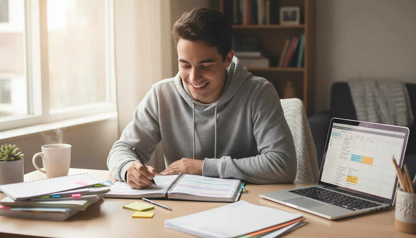 Photo Idea : A student at a tidy desk with a planner open, color-coded notes, and a laptop displaying a study schedule. Natural light, warm tones — conveys calm, focused preparation.