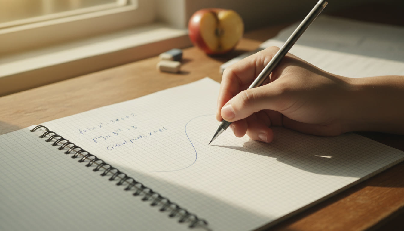 Photo Idea : A close-up shot of a student's hand sketching a function on graph paper beside a clean algebraic derivation on a notebook page — warm, natural light, focus on process rather than face.