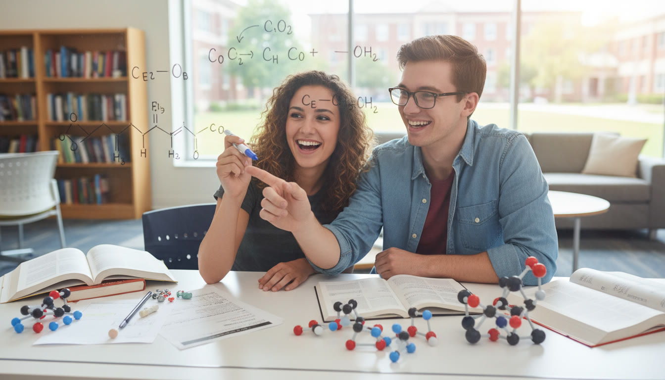 Photo Idea : A close-up of two students in a study group, drawing mechanisms on a whiteboard with molecular models nearby — emphasizing collaborative reasoning and visualization.