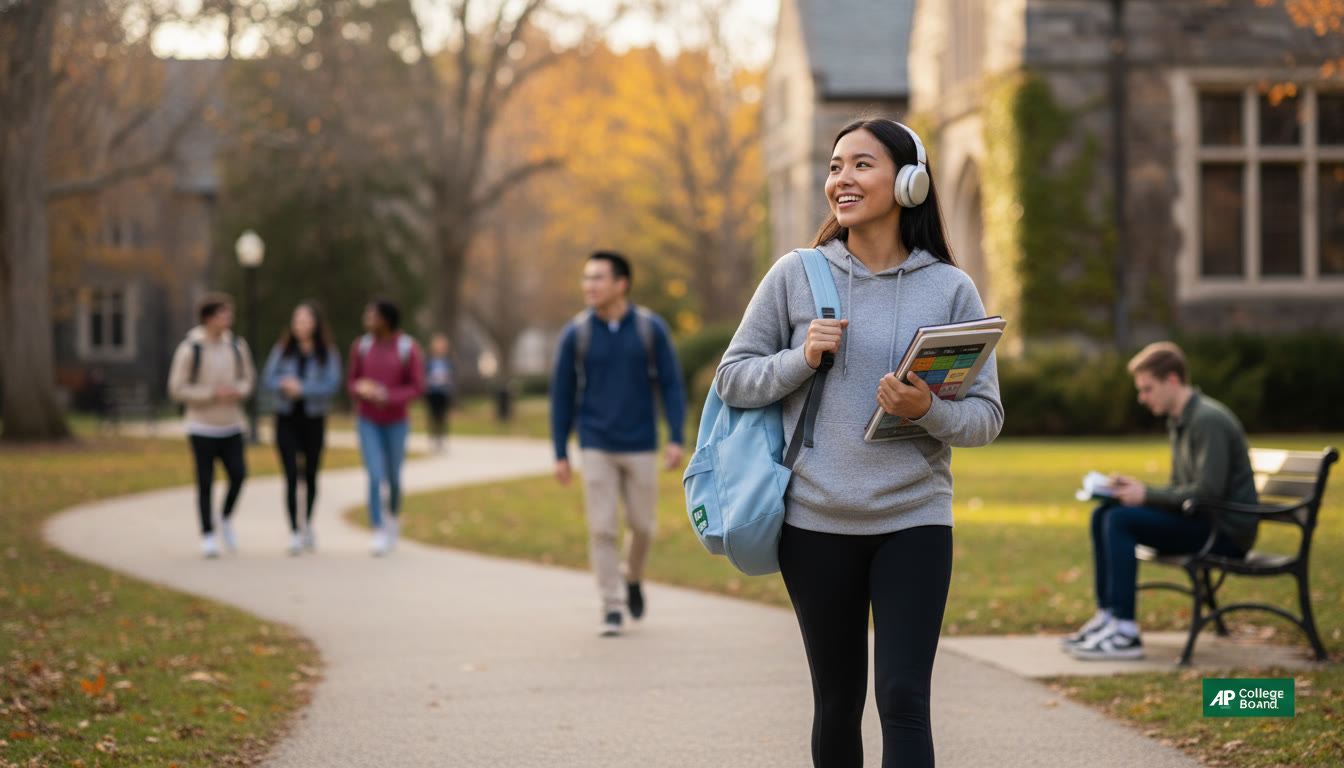 Photo Idea : A student taking a short walk outdoors with headphones on and a small backpack—illustrates stress relief and movement between study blocks.
