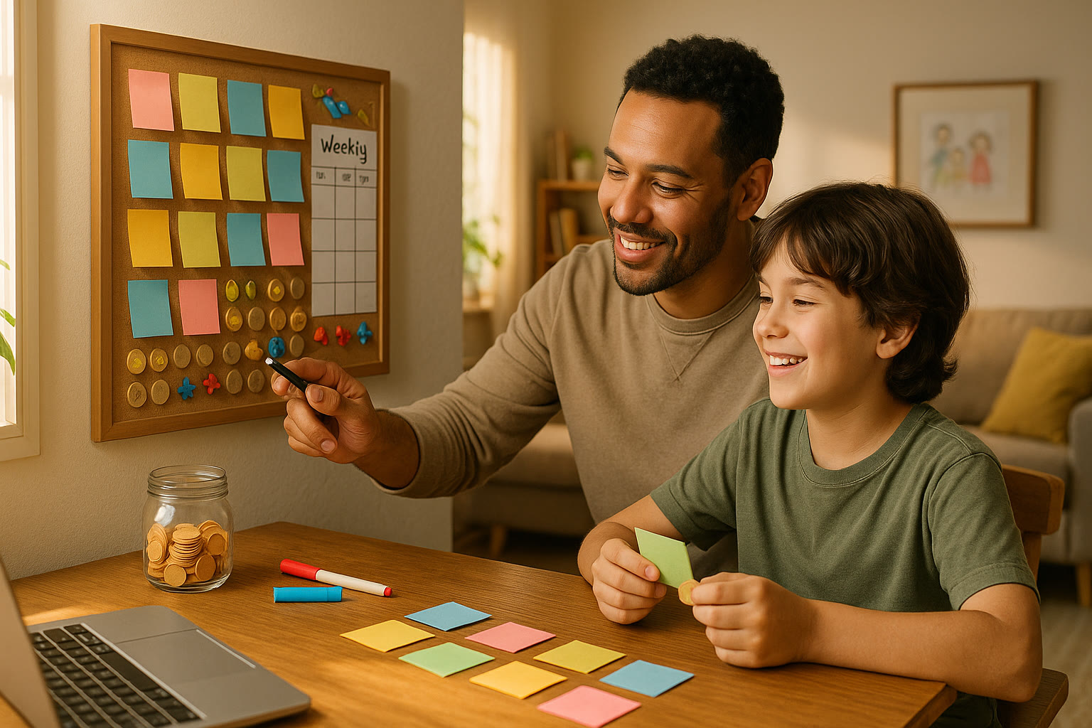 Photo Idea : A cozy family scene where a student and parent review a progress board with sticky notes and small reward tokens, smiling and planning the next week.