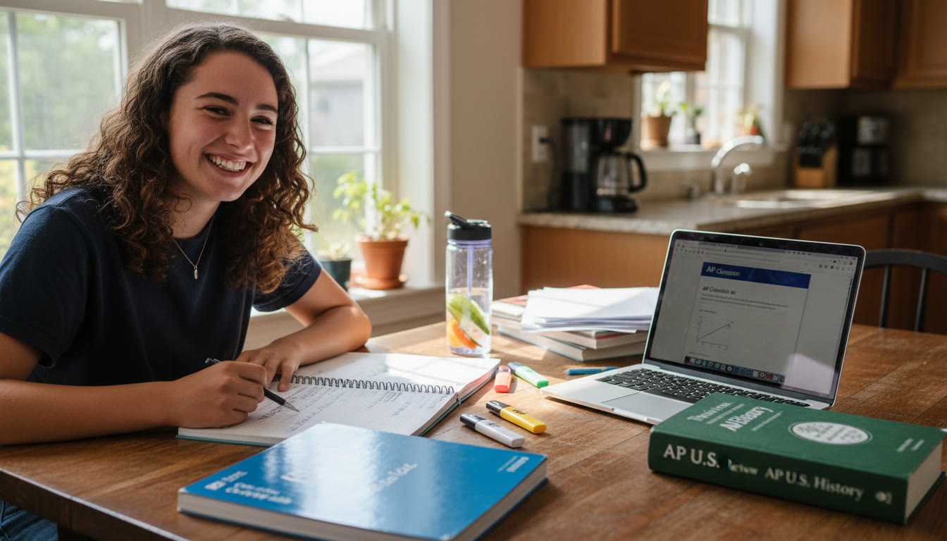 Photo Idea : A student at a kitchen table with an open planner, laptop showing AP Classroom, a library book, and a water bottle — natural light, candid vibe to show real-life studying.