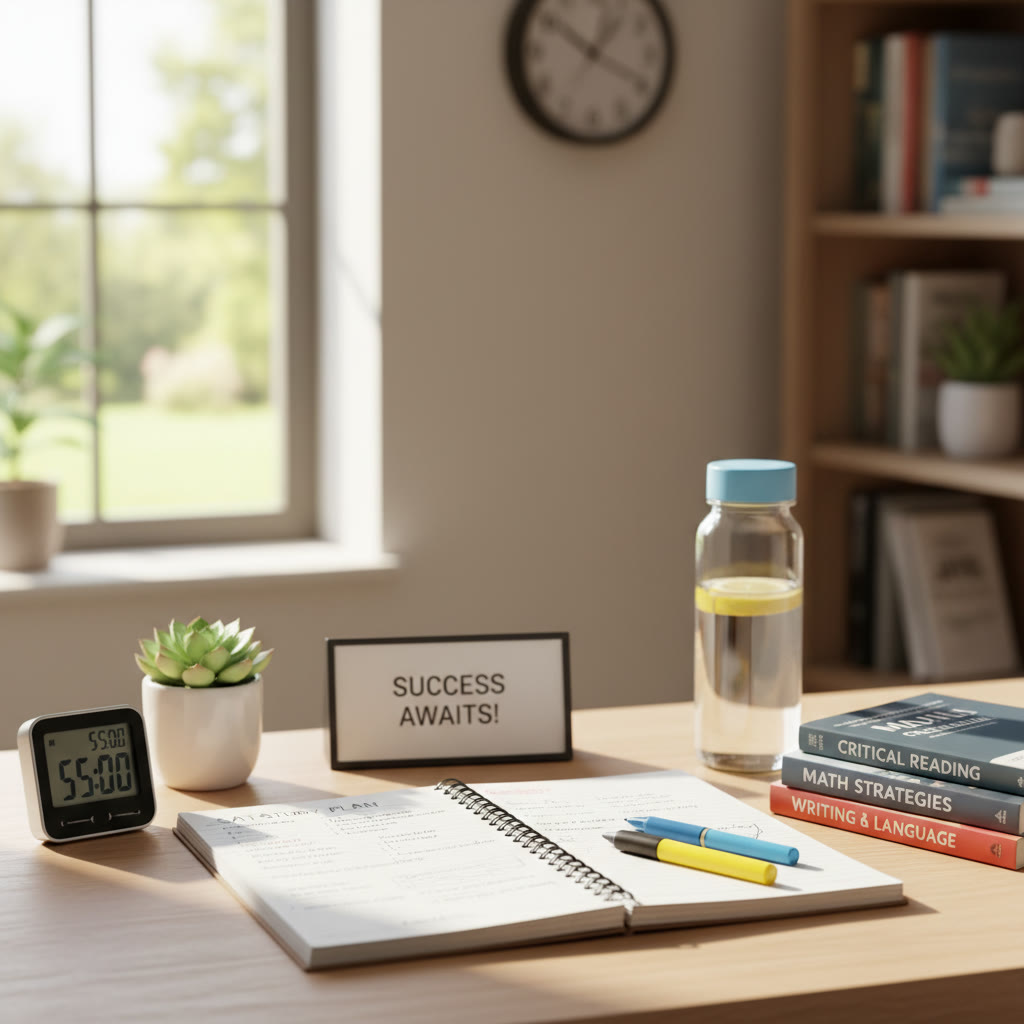 A bright, sunlit study desk with an open notebook, a timer, and a water bottle—showing a calm, organized space for SAT prep.