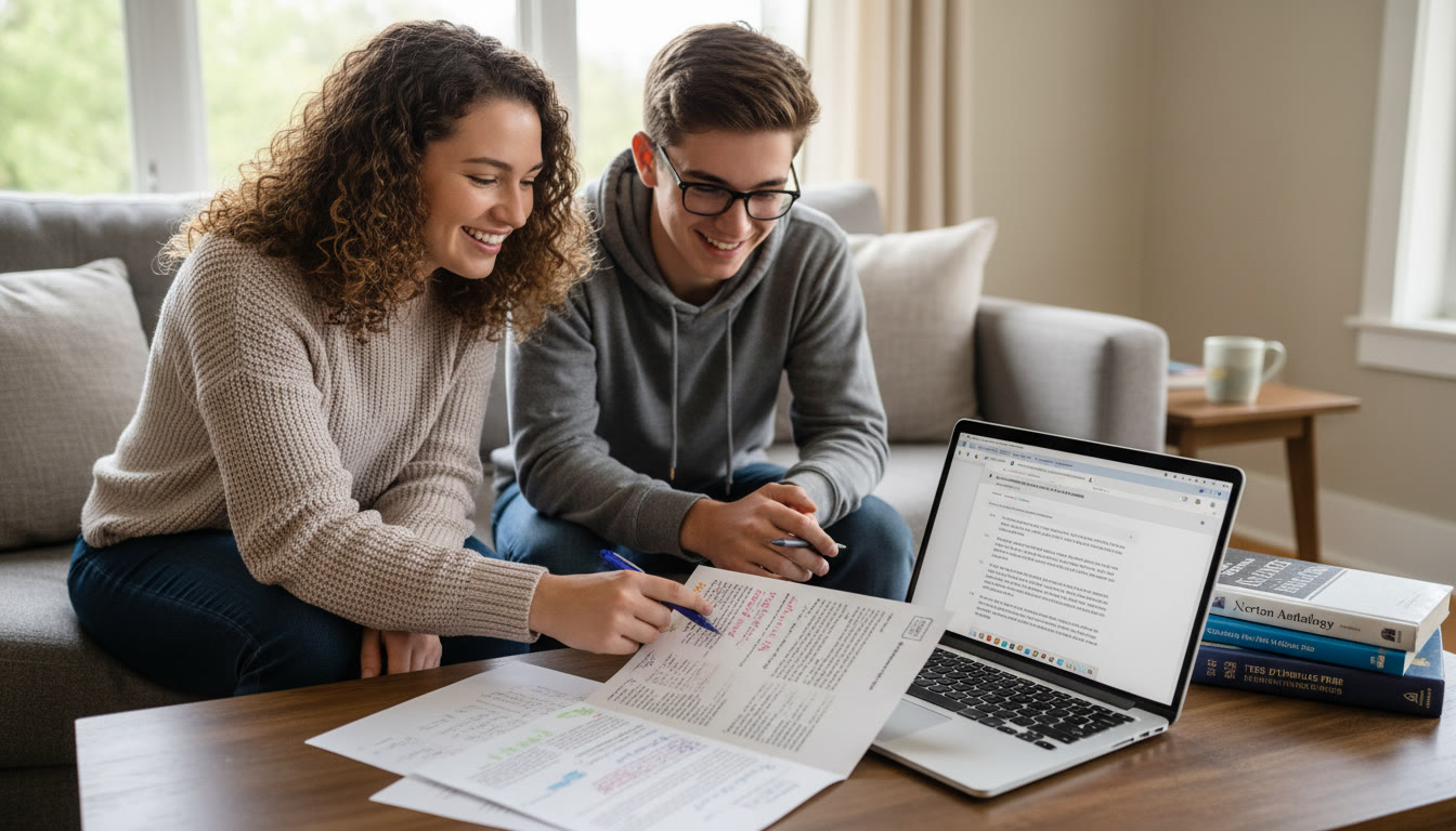 Photo Idea : A tutor and student in a relaxed living room setting reviewing an annotated passage together, laptop open showing typed notes and a printed passage, with a small stack of books nearby—captures 1-on-1 guidance and a collaborative study atmosphere.